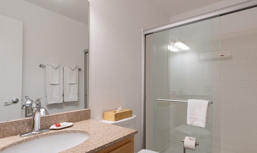 guest bathroom with vanity, mirror, toilet, and glass door shower