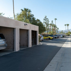 parking log with palm trees parked cars and carport