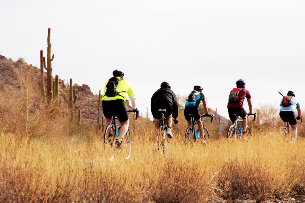 Competitors in a bike race through the desert.