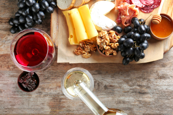 wine and cheese board on table
