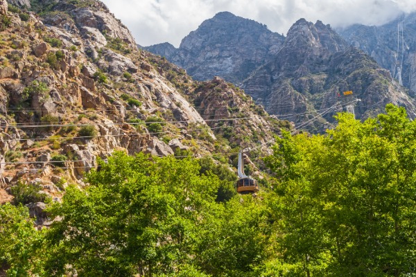 palm springs aerial tramway with mountains and trees