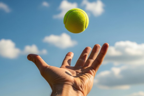hand throwing tennis ball in the air with clouds in the sky