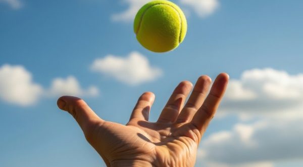hand throwing tennis ball in the air with clouds in the sky